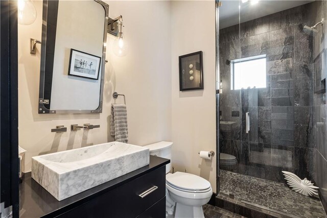 full bathroom featuring toilet, a stall shower, and vanity