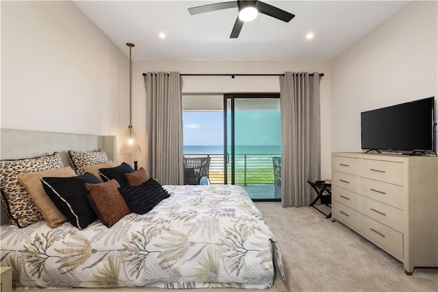 bedroom with light colored carpet, access to outside, recessed lighting, and ceiling fan