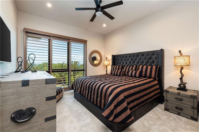 carpeted bedroom with recessed lighting and ceiling fan