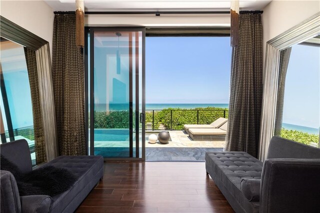 entryway featuring wood finished floors and a water view