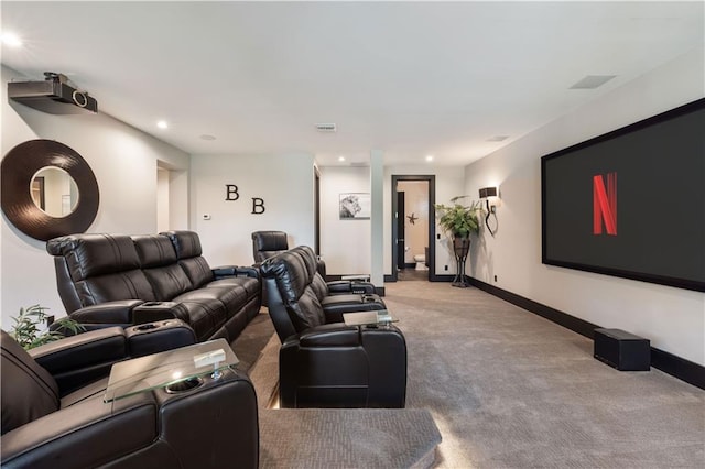 cinema with carpet flooring, baseboards, and recessed lighting