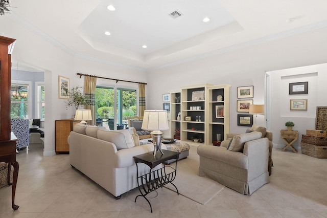 7668 SE Laque Cir, Stuart, FL 34997 - living room with light tile patterned floors, a raised ceiling, recessed lighting, a high ceiling, and baseboards