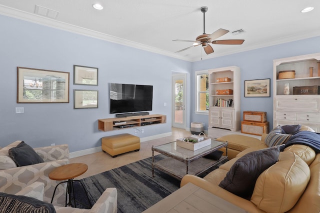 7668 SE Laque Cir, Stuart, FL 34997 - living area featuring ornamental molding, a ceiling fan, baseboards, tile patterned floors, and recessed lighting