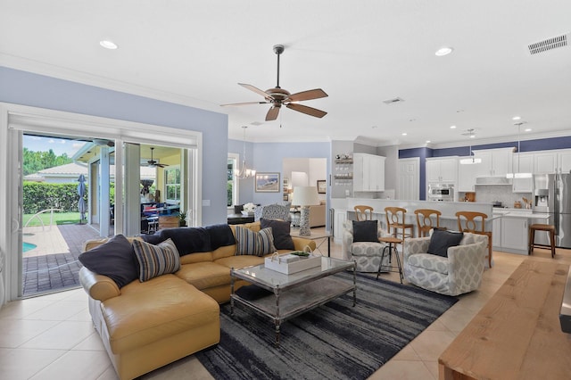 7668 SE Laque Cir, Stuart, FL 34997 - living room featuring ceiling fan, light tile patterned flooring, ornamental molding, and recessed lighting