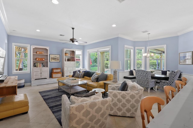 7668 SE Laque Cir, Stuart, FL 34997 - living area featuring healthy amount of natural light, ornamental molding, ceiling fan, recessed lighting, and light tile patterned floors