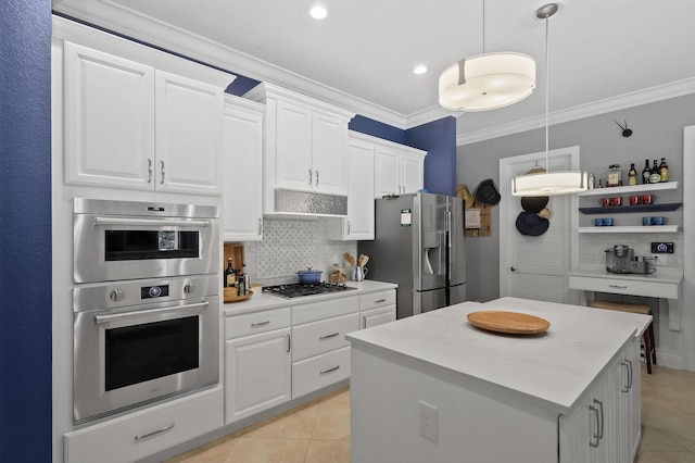 7668 SE Laque Cir, Stuart, FL 34997 - kitchen with stainless steel appliances, light tile patterned flooring, open shelves, decorative backsplash, and crown molding