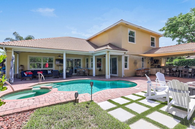 7668 SE Laque Cir, Stuart, FL 34997 - view of pool featuring an outdoor hangout area, a ceiling fan, an outdoor bar, a patio, and exterior kitchen