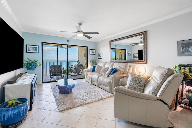 20 NE Plantation Rd Unit 203, Stuart, FL 34996 - living area featuring ceiling fan, ornamental molding, and light tile patterned floors