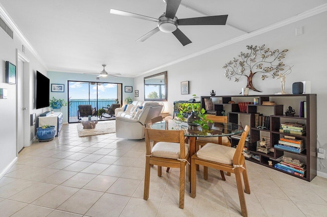 20 NE Plantation Rd Unit 203, Stuart, FL 34996 - dining room with ceiling fan, light tile patterned flooring, crown molding, and baseboards