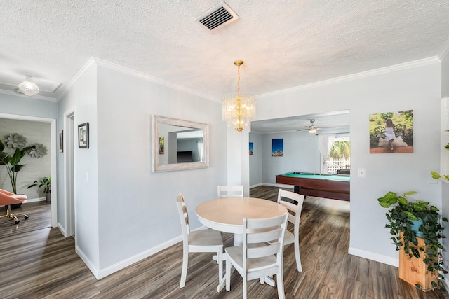 3056 SE Morningside Blvd, Port Saint Lucie, FL 34952 - dining room featuring dark wood-type flooring, billiards, baseboards, a textured ceiling, and crown molding