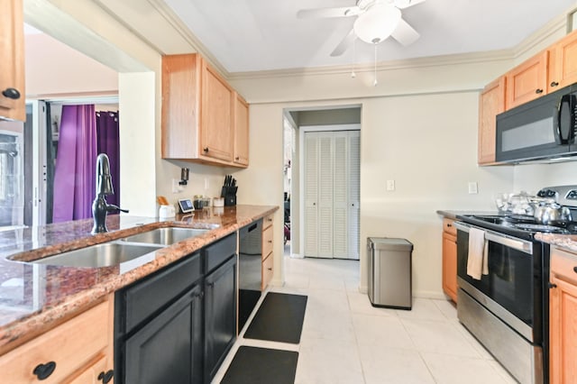 103 SW 18th St, Boynton Beach, FL 33426 - kitchen with electric stove, black microwave, light brown cabinetry, a sink, and dishwashing machine