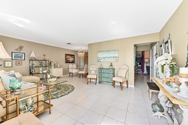 103 SW 18th St, Boynton Beach, FL 33426 - living room featuring a chandelier, light tile patterned flooring, ornamental molding, and baseboards