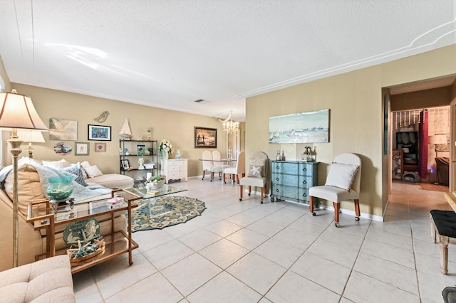 103 SW 18th St, Boynton Beach, FL 33426 - living area featuring a chandelier, light tile patterned floors, a textured ceiling, and ornamental molding
