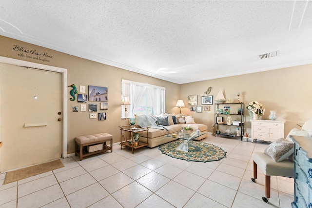 103 SW 18th St, Boynton Beach, FL 33426 - living room with a textured ceiling, light tile patterned floors, and ornamental molding