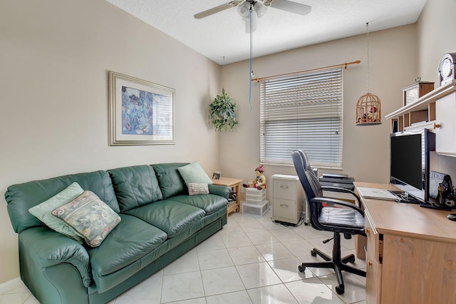 9620 Crescent View Dr N, Boynton Beach, FL 33437 - home office featuring a ceiling fan, light tile patterned floors, and a textured ceiling