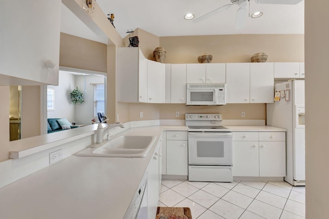 9620 Crescent View Dr N, Boynton Beach, FL 33437 - kitchen with white appliances, a sink, white cabinetry, light countertops, and recessed lighting