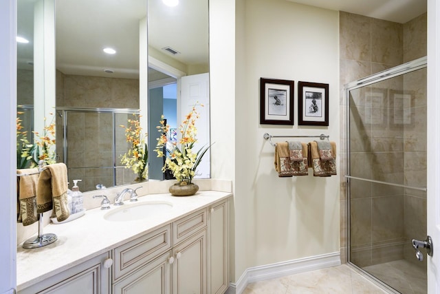 112 Palm Bay A Dr Unit A, Palm Beach Gardens, FL 33418 - full bath with a shower stall, vanity, recessed lighting, and tile patterned flooring