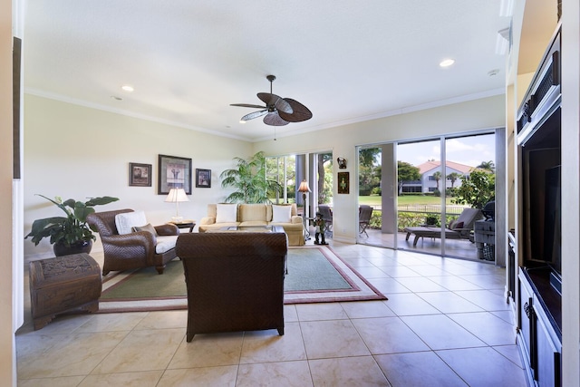 112 Palm Bay A Dr Unit A, Palm Beach Gardens, FL 33418 - living area featuring a ceiling fan, recessed lighting, light tile patterned floors, and crown molding