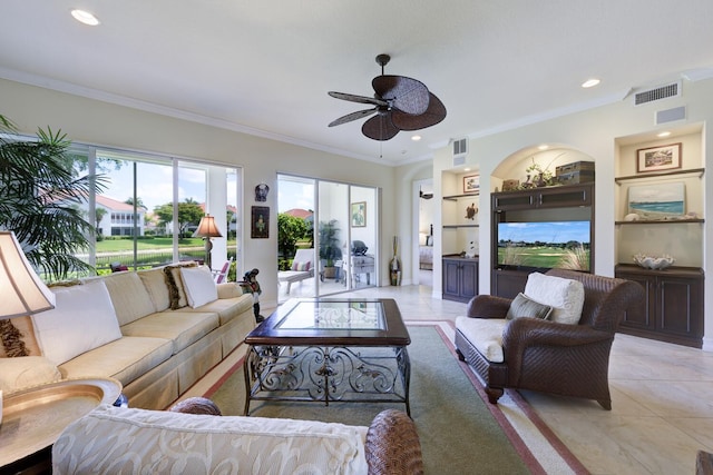 112 Palm Bay A Dr Unit A, Palm Beach Gardens, FL 33418 - living room with built in shelves, a ceiling fan, crown molding, light tile patterned floors, and recessed lighting