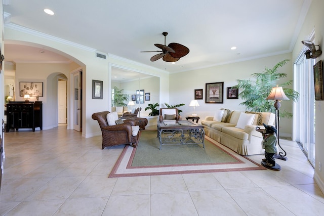 112 Palm Bay A Dr Unit A, Palm Beach Gardens, FL 33418 - living area with ceiling fan, arched walkways, ornamental molding, and recessed lighting