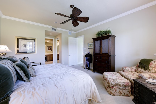 112 Palm Bay A Dr Unit A, Palm Beach Gardens, FL 33418 - bedroom featuring crown molding, light colored carpet, ensuite bath, baseboards, and a ceiling fan