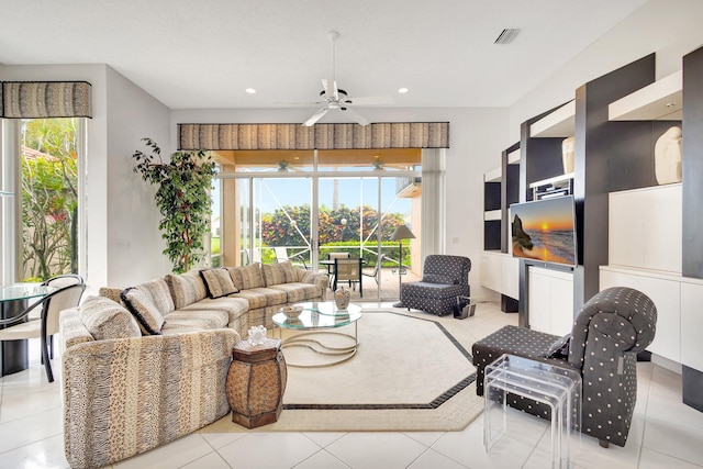 4498 Hazleton Ln, Lake Worth, FL 33449 - tiled living area featuring a ceiling fan and recessed lighting