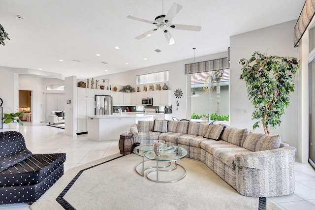 4498 Hazleton Ln, Lake Worth, FL 33449 - living room featuring light tile patterned flooring, ceiling fan, and recessed lighting