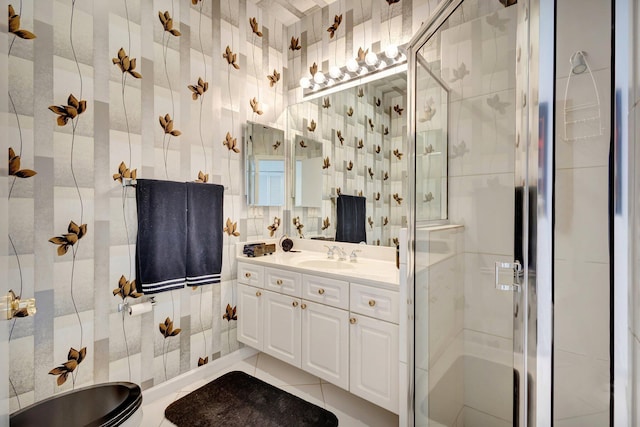 4498 Hazleton Ln, Lake Worth, FL 33449 - full bathroom featuring tile walls, a shower stall, vanity, and tile patterned floors