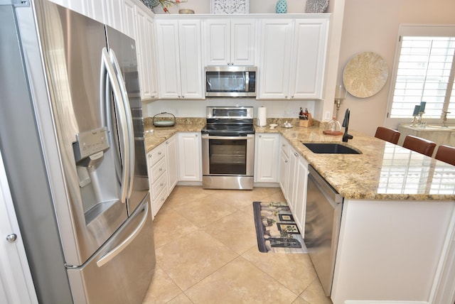 kitchen featuring appliances with stainless steel finishes, a sink, a peninsula, and white cabinets