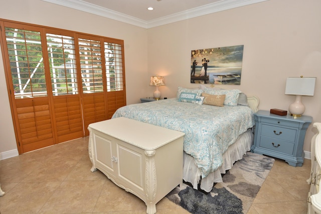 bedroom featuring light tile patterned floors, crown molding, baseboards, and recessed lighting