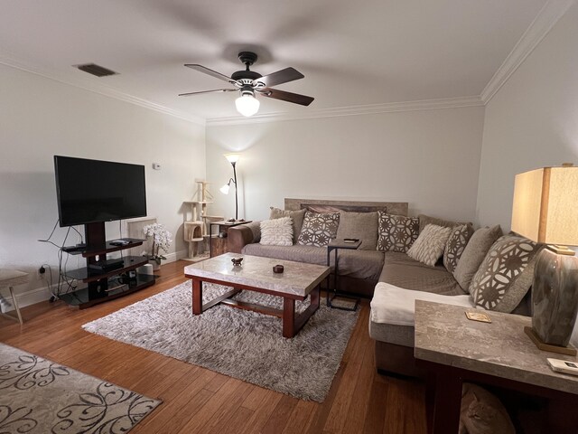 12147 Cuddington Ct, Wellington, FL 33414 - living area with ceiling fan, wood finished floors, crown molding, and baseboards