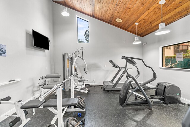 3 Via De Casas Sur Unit 204, Boynton Beach, FL 33426 - workout area featuring wood ceiling, baseboards, and vaulted ceiling