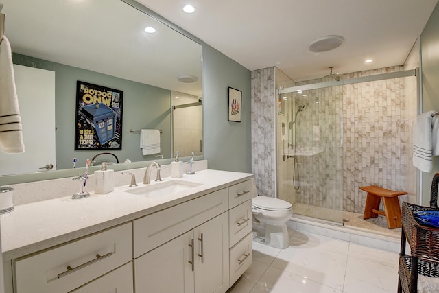 830 Greensward Ct Unit 107-H, Delray Beach, FL 33445 - bathroom with marble finish floors, a stall shower, recessed lighting, vanity, and toilet
