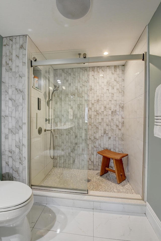 830 Greensward Ct Unit 107-H, Delray Beach, FL 33445 - bathroom featuring marble finish floors, a shower stall, toilet, and recessed lighting