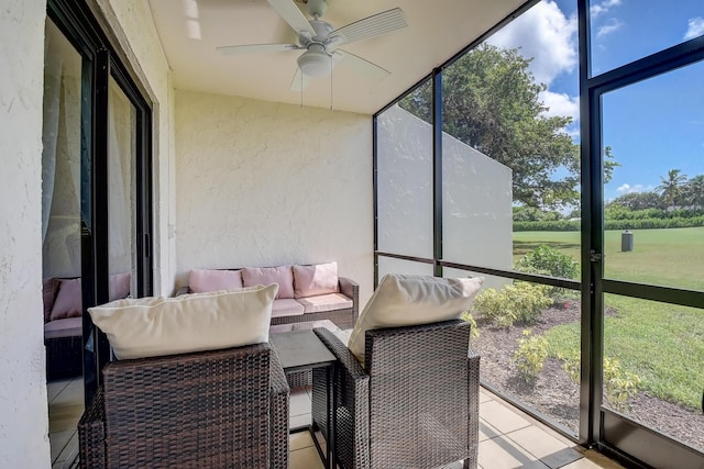 830 Greensward Ct Unit 107-H, Delray Beach, FL 33445 - sunroom / solarium featuring a ceiling fan and an outdoor hangout area