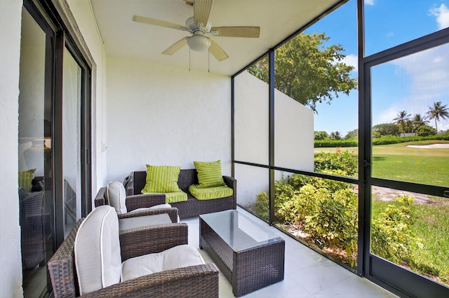 830 Greensward Ct Unit 107-H, Delray Beach, FL 33445 - sunroom featuring a ceiling fan and an outdoor living space