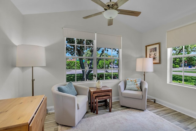 301 SW 1st Ave, Delray Beach, FL 33444 - sitting room with a ceiling fan, light wood-style floors, baseboards, and vaulted ceiling