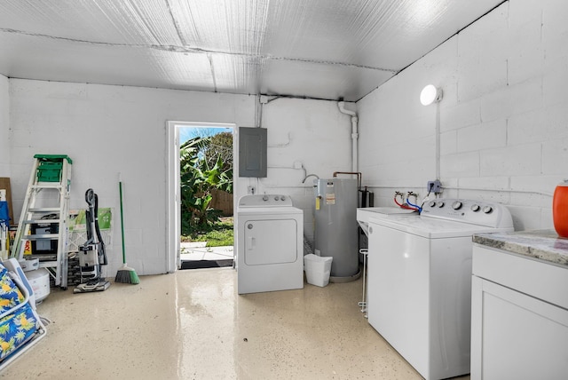 301 SW 1st Ave, Delray Beach, FL 33444 - laundry room featuring independent washer and dryer, water heater, electric panel, and concrete block wall