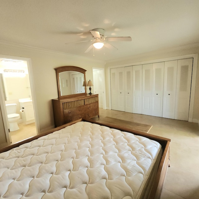 173 Kent J, West Palm Beach, FL 33417 - bedroom with ornamental molding, ensuite bathroom, and a ceiling fan
