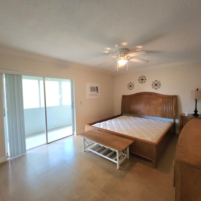 173 Kent J, West Palm Beach, FL 33417 - bedroom featuring access to exterior, ornamental molding, a textured ceiling, and ceiling fan