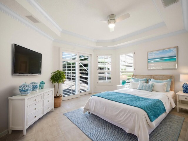 18771 Misty Lake Dr, Jupiter, FL 33458 - bedroom with access to exterior, a raised ceiling, crown molding, and a ceiling fan
