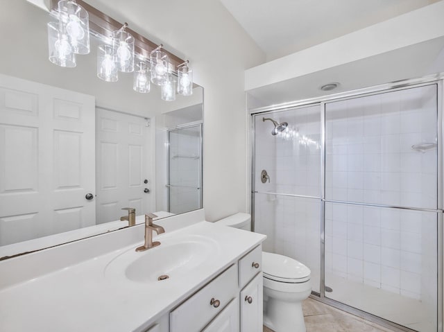 18771 Misty Lake Dr, Jupiter, FL 33458 - bathroom featuring toilet, a stall shower, vanity, and tile patterned flooring