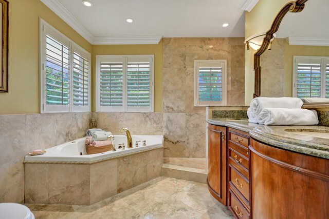 1360 SW Sugar Plum Dr, Boca Raton, FL 33486 - full bathroom with a garden tub, crown molding, double vanity, marble finish floors, and tile walls
