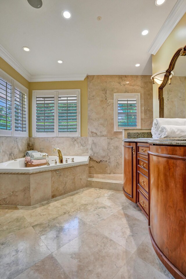 1360 SW Sugar Plum Dr, Boca Raton, FL 33486 - bathroom with crown molding, vanity, a bath, and recessed lighting