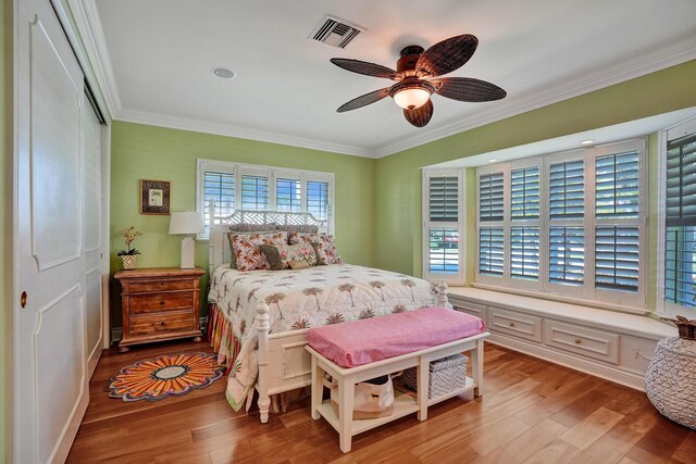 1360 SW Sugar Plum Dr, Boca Raton, FL 33486 - bedroom featuring crown molding, wood finished floors, and ceiling fan
