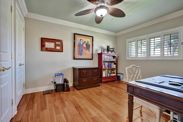 1360 SW Sugar Plum Dr, Boca Raton, FL 33486 - office space featuring ceiling fan, baseboards, light wood-type flooring, and crown molding