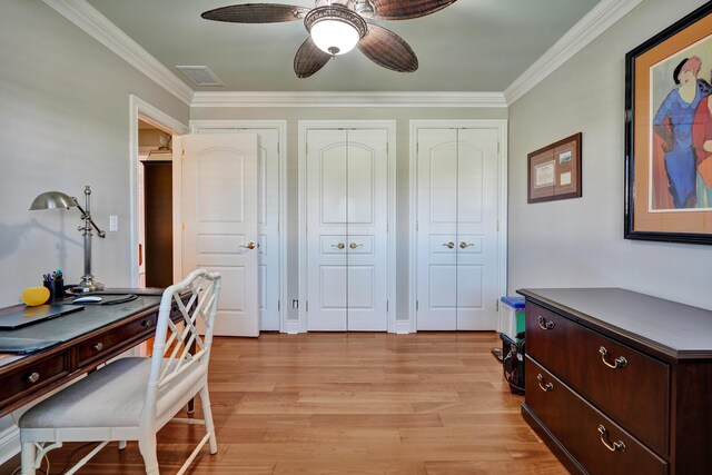 1360 SW Sugar Plum Dr, Boca Raton, FL 33486 - office area with ceiling fan, light wood-type flooring, and ornamental molding