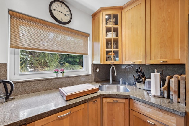 520 NE 7th Ave Unit 2E, Delray Beach, FL 33483 - kitchen featuring a sink, glass insert cabinets, backsplash, and dark stone countertops