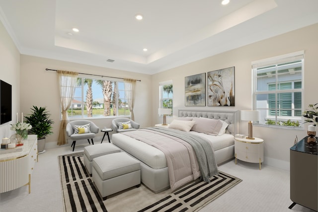 bedroom with carpet flooring, recessed lighting, a tray ceiling, and baseboards