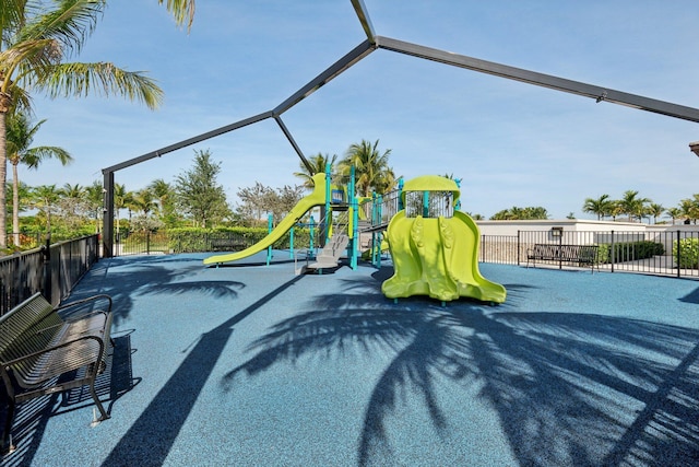 community jungle gym with fence